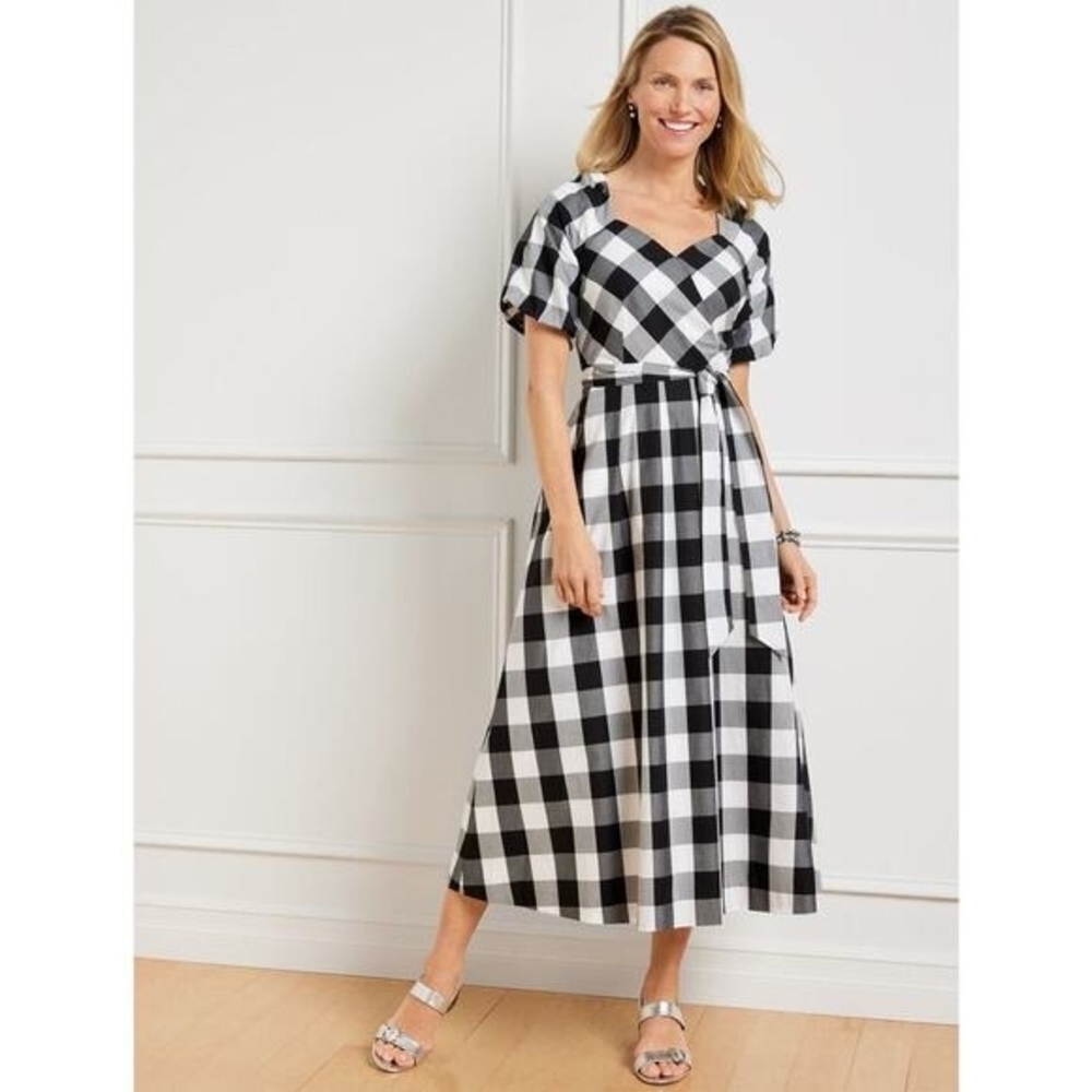 NWT Talbots Puff Sleeve Gingham Midi Dress Size 12 Black White Cottagecore Trad